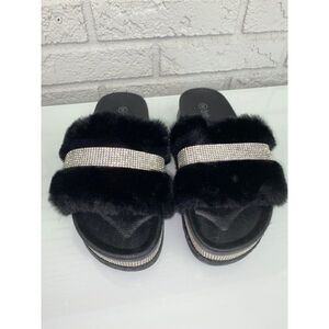 Babe Black & Rhinestone Platform Faux Fur Slides Size 8